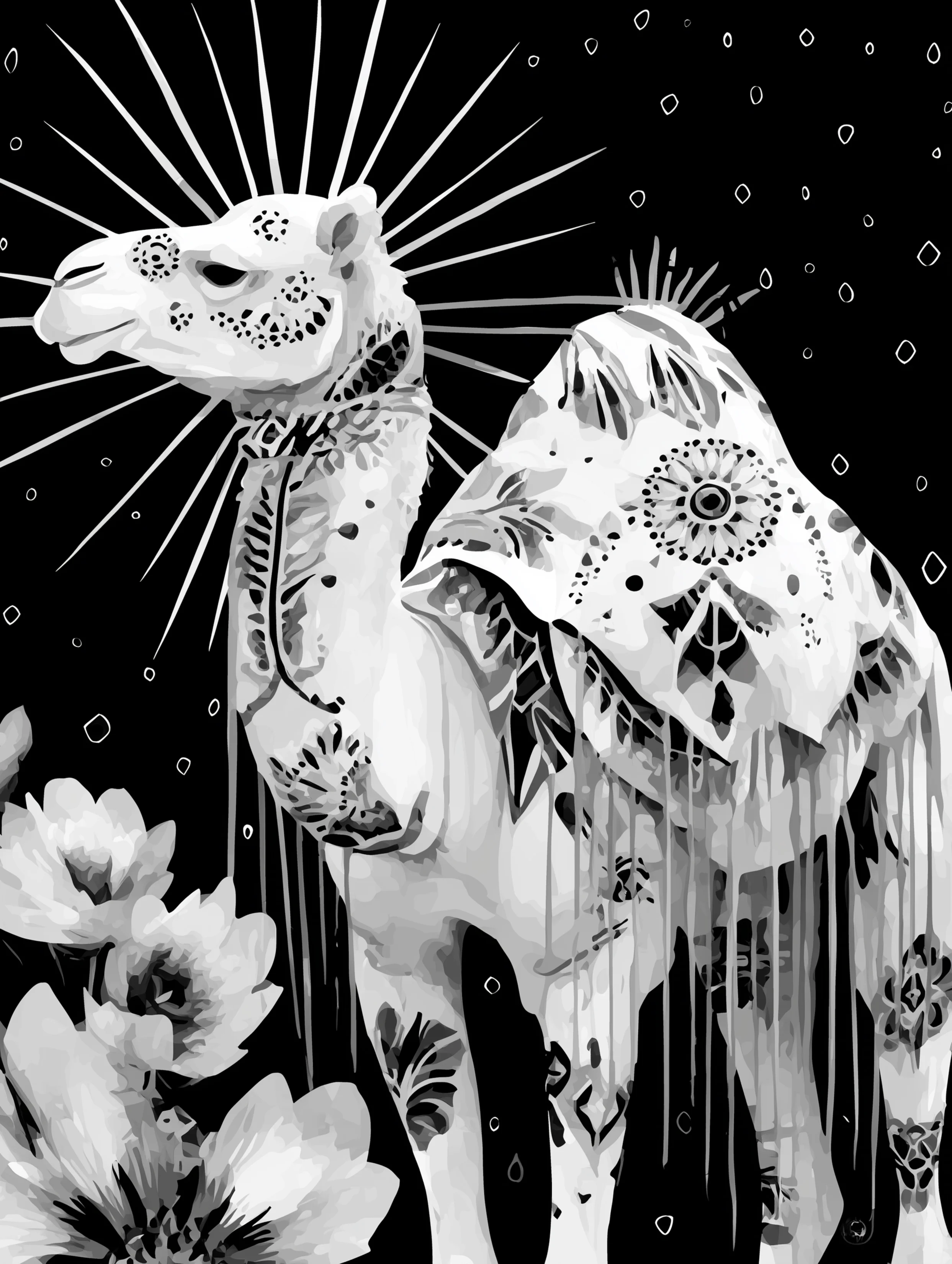 Free printable camel coloring page for adults featuring sun rays white on black camel